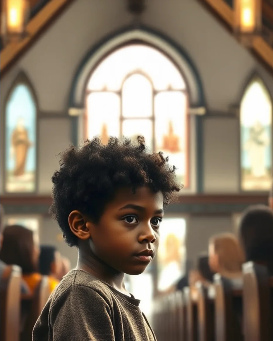 Young child with dark skin in a church aisle